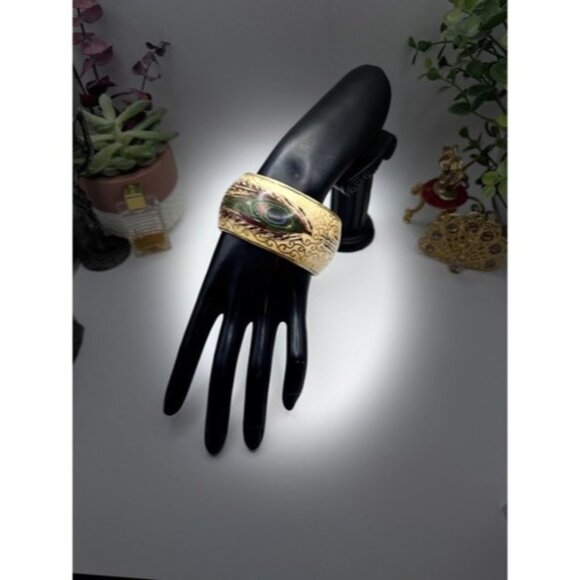 8” Hand Painted Silver on Ivory Brass Chunky Bangle Bracelet Peacock Feather - Picture 3 of 12